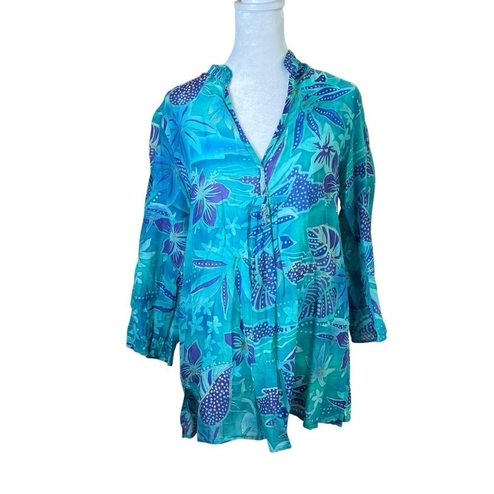 Boo Gemes Cotton Silk Tropical Flowers Blue Tunic Top Popover Women’s Size Small
